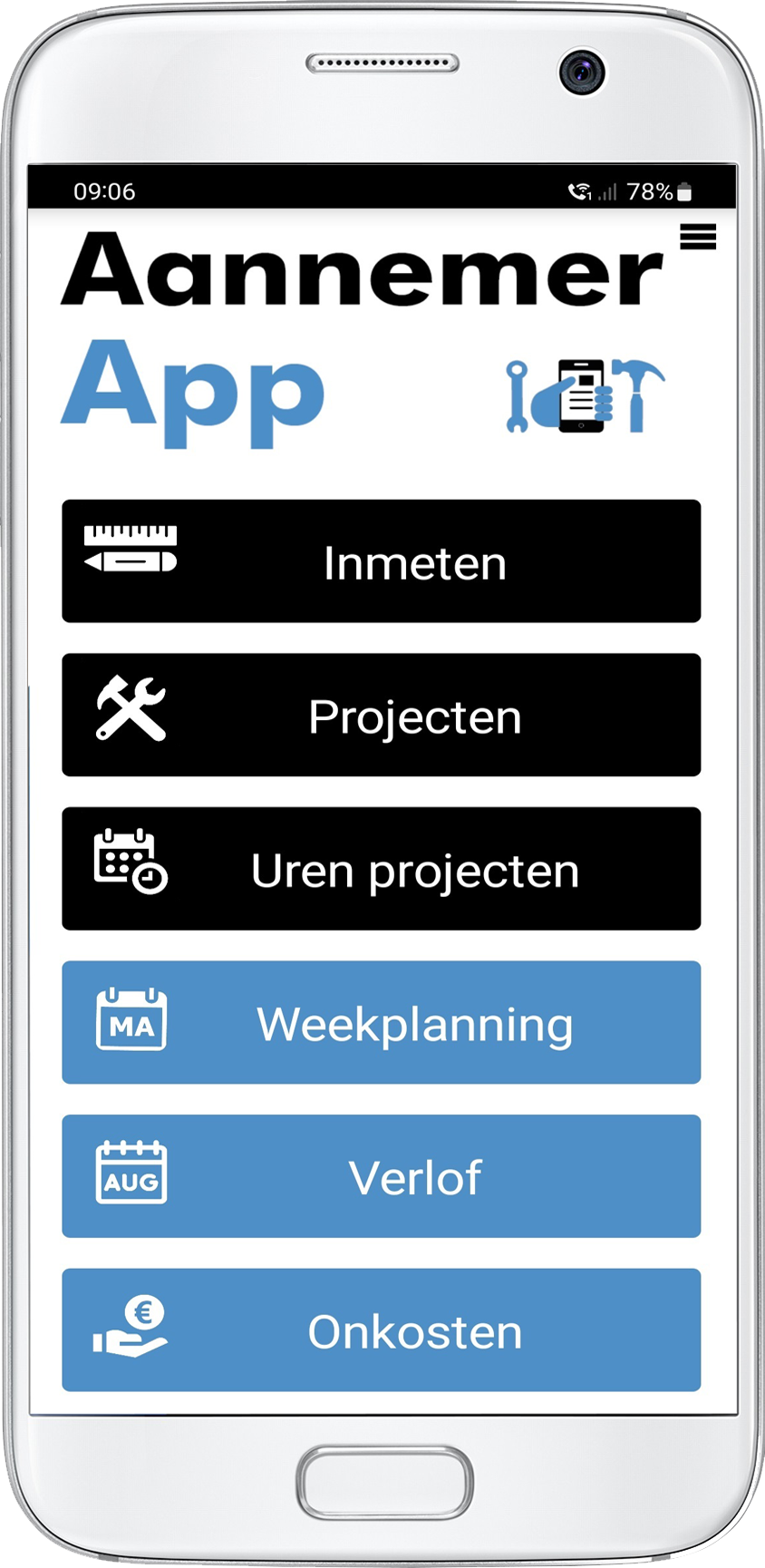 Aannemerapp hoofdmenu appandweb.nl